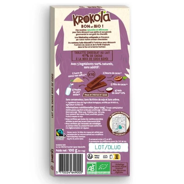 Krokola Tablette Bio Chocolat au Lait 41% Noix de Coco Rapé – Image 2