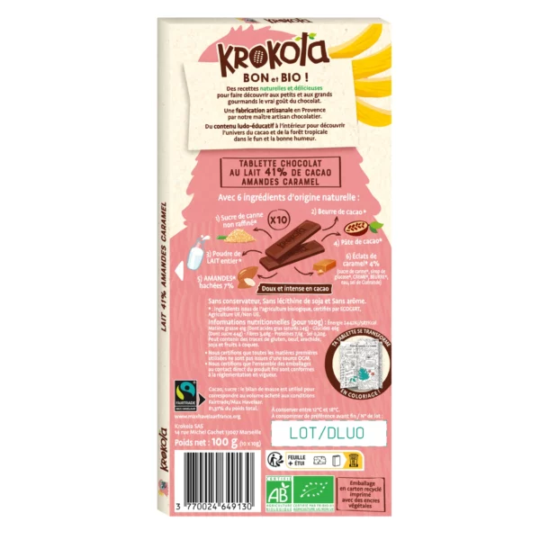 Krokola Tablette Chocolat au Lait 41% cacao Amandes et Caramel – Image 2