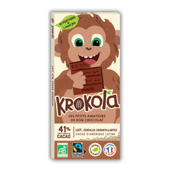Krokola Tablette Chocolat au lait 41% Cacao Riz Croustillant