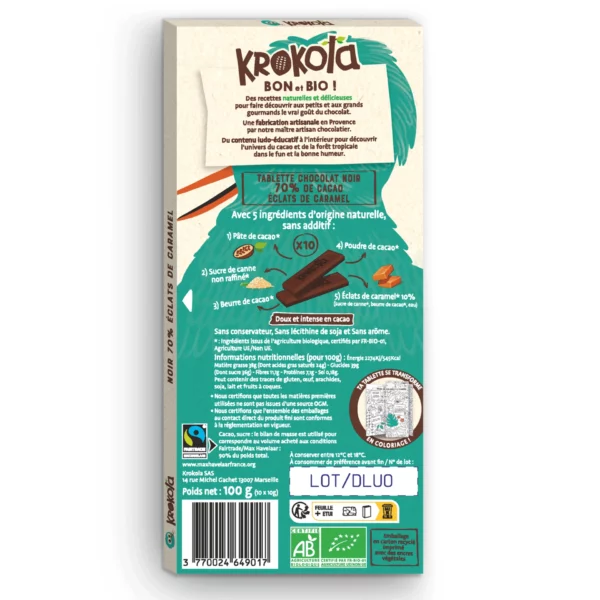 Krokola Tablette Bio Chocolat Noir 70% Eclats de Caramel – Image 2