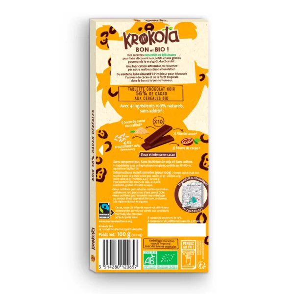 Krokola Tablette Chocolat Noir 56% Céréales Croustillantes – Image 2