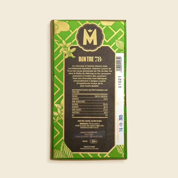 Tablette Marou Chocolat Noir Ben TRE 78% Grand Cru Vietnam – Image 2