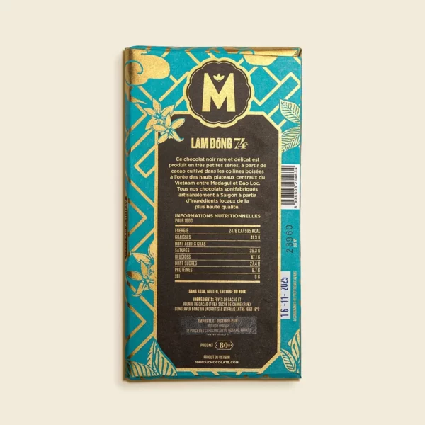 Tablette Marou Chocolat Noir Lam Dong 74% Grand Cru Vietnam – Image 2